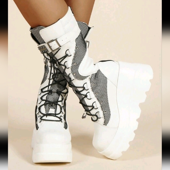 Women's Platform Chunky Heel Mid-Calf Punk Boots - Picture 4 of 5